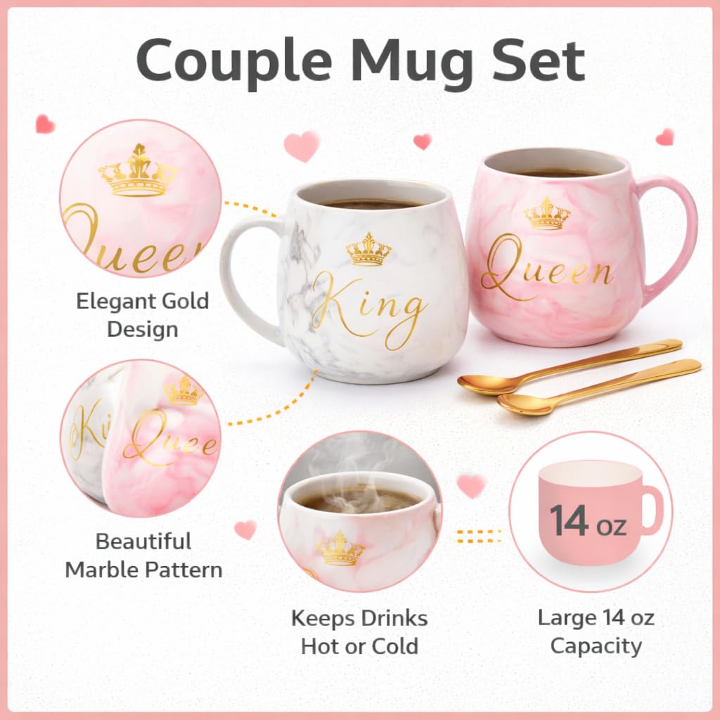 King & Queen Couple Coffee Mug Set with Golden Spoons | Marble Design Ceramic Tea Cups | Premium Printed Mug Set for Gift, Anniversary, Valentine, Wedding | 2 Mugs + 2 Spoons (Pink & White)