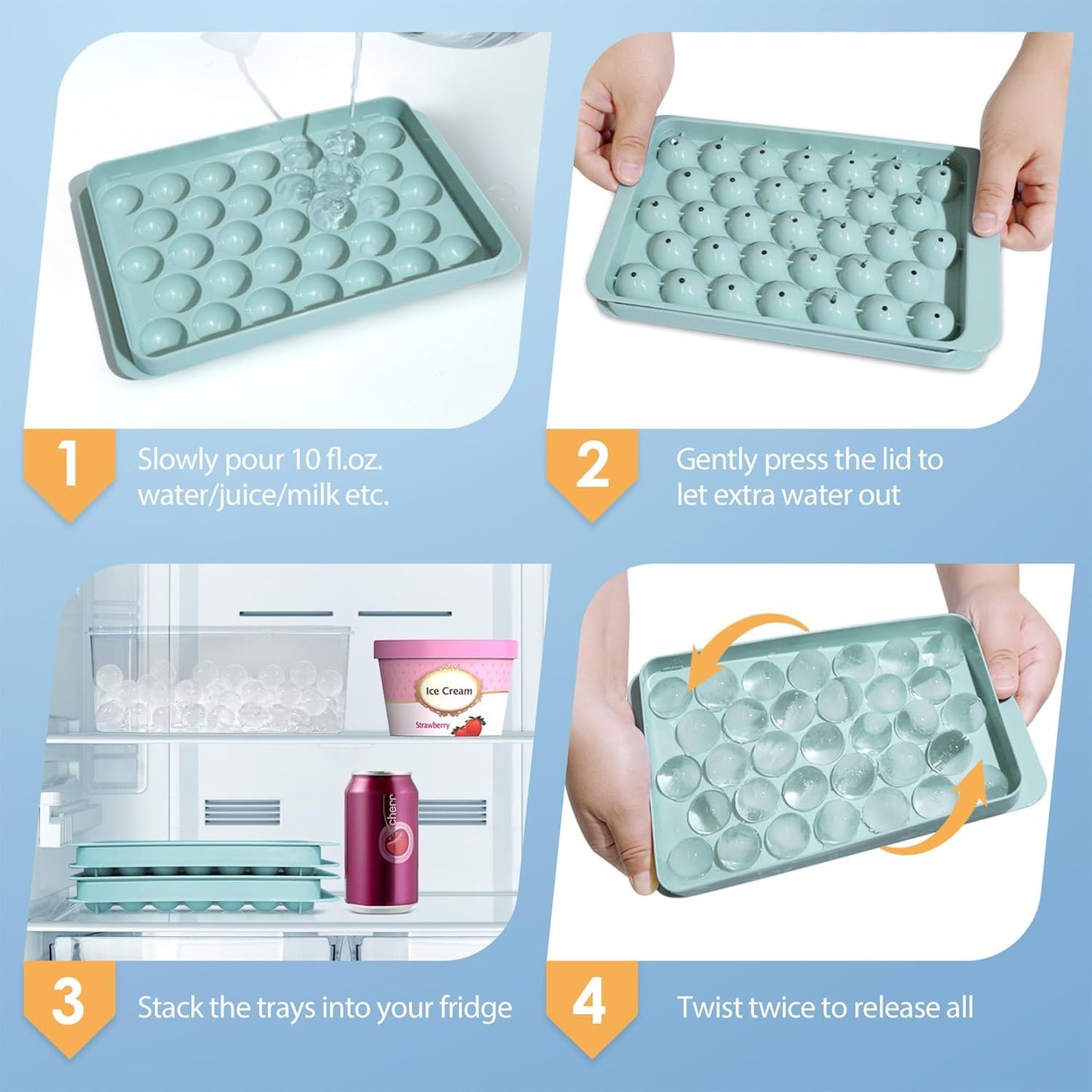 AIG 2 Pack Plastic Ice Cube Tray for Freezer with Lid, 2" X33 Round Ice Cube Mold, Small Circle Ice Cube Tray Making Sphere Ice Chilling Cocktail Tea Coffee (Blue +Pink)