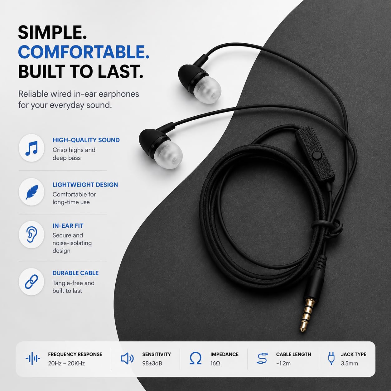 Wired In-Ear Earphones with Microphone – 3.5mm Stereo Earbuds for Android, Laptop, PC & Tablets | Noise Isolating Headphones with HD Sound (Black)