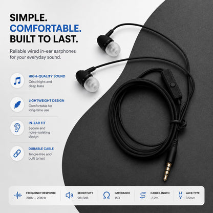 Wired In-Ear Earphones with Microphone – 3.5mm Stereo Earbuds for Android, Laptop, PC & Tablets | Noise Isolating Headphones with HD Sound (Black)
