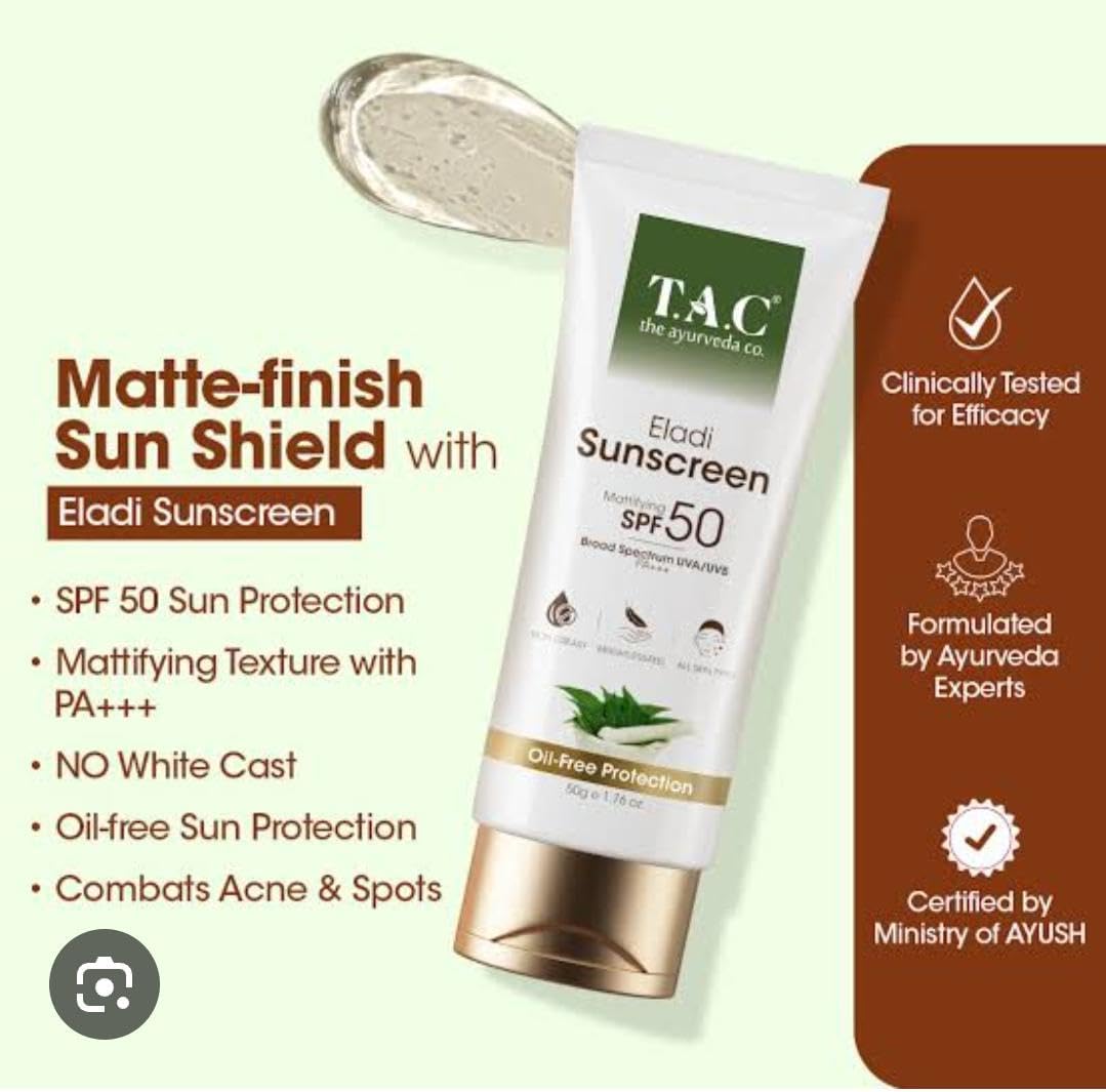 T.A.C Eladi Sunscreen SPF 50 PA+++, Mattifying, Broad Spectrum UVA/UVB, Oil-Free, No White Cast, 50g