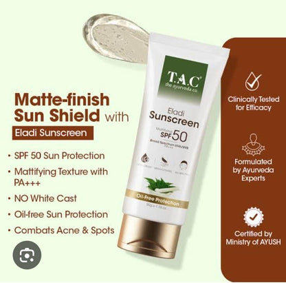 T.A.C Eladi Sunscreen SPF 50 PA+++, Mattifying, Broad Spectrum UVA/UVB, Oil-Free, No White Cast, 50g