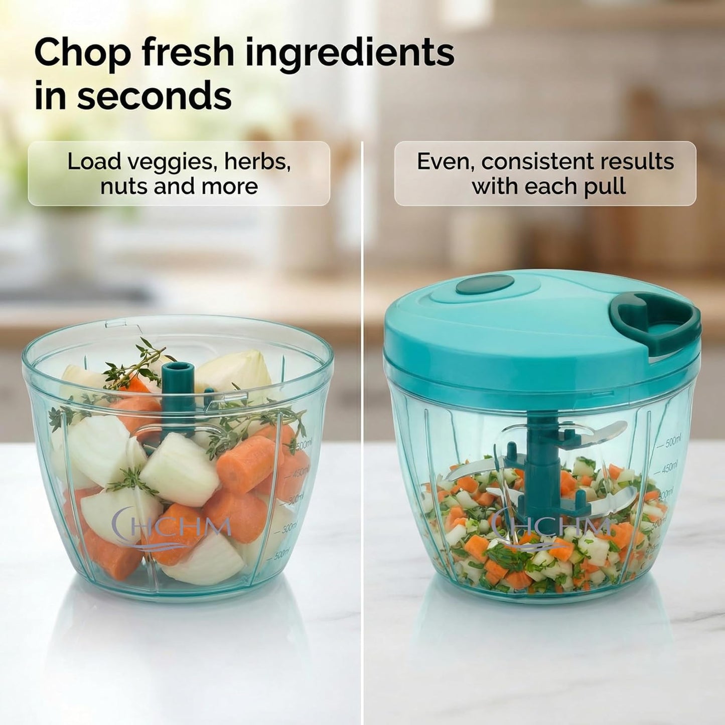 Manual Pull Cord Vegetable Chopper 900ml | Multipurpose Food Chopper with Stainless Steel Blades | Onion, Garlic, Vegetable, Fruit & Nut Cutter | BPA-Free Kitchen Chopper