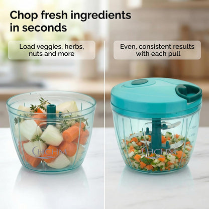 Manual Pull Cord Vegetable Chopper 900ml | Multipurpose Food Chopper with Stainless Steel Blades | Onion, Garlic, Vegetable, Fruit & Nut Cutter | BPA-Free Kitchen Chopper