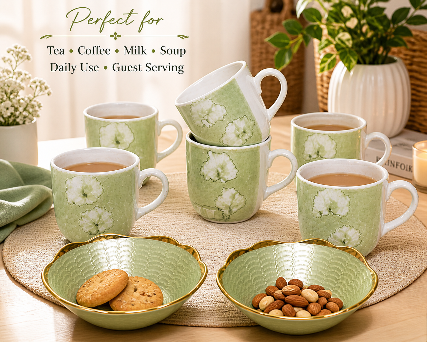 Ceramic Tea Mug & Bowl Gift Set (6 Tea Mugs + 2 Ceramic Bowls) Premium Quality Tea Cup Set for Home Kitchen Office Stylish Tea Coffee Serving Set with Gift Box | Green