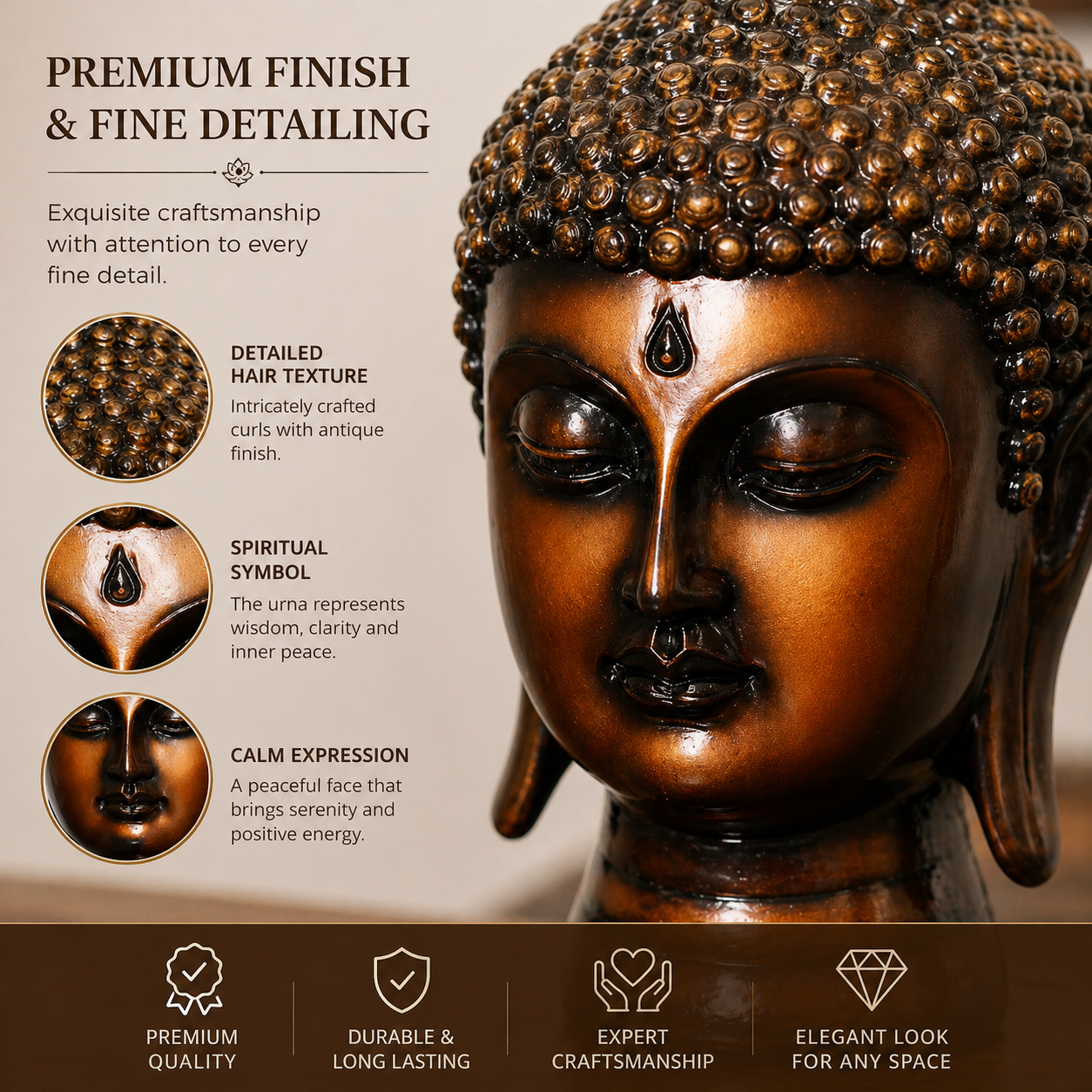 Handcrafted Brass Buddha Head Idol, Bronze Finish, Meditation Décor Statue for Home, Office, Yoga Studio