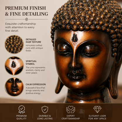 Handcrafted Brass Buddha Head Idol, Bronze Finish, Meditation Décor Statue for Home, Office, Yoga Studio