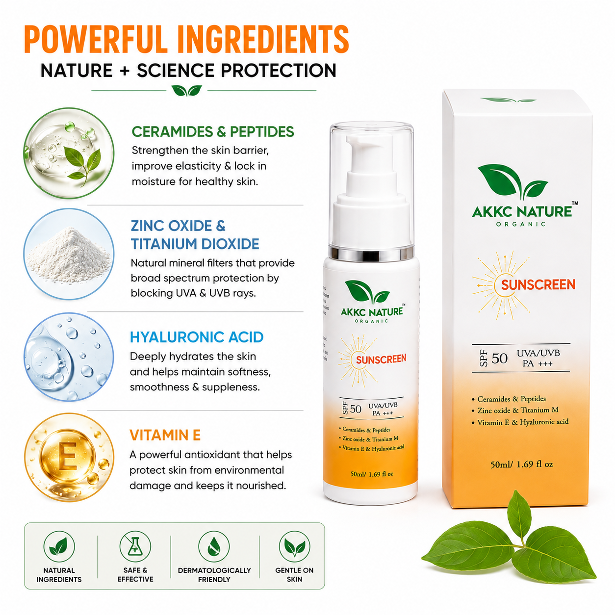 AKKC Nature Organic Sunscreen SPF 50 PA+++ | Broad Spectrum UVA/UVB Protection | Ceramides, Peptides, Zinc Oxide, Titanium Dioxide, Vitamin E & Hyaluronic Acid | Non-Greasy Daily Sunscreen for Men & Women | 50ml.