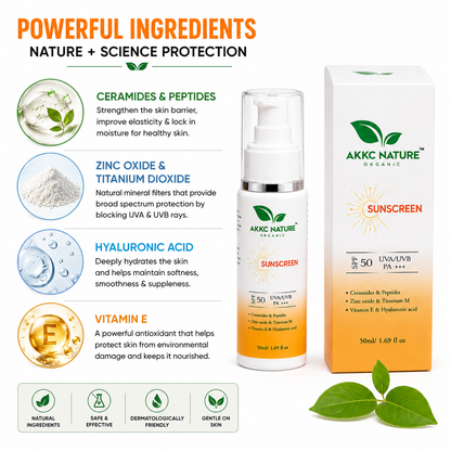 AKKC Nature Organic Sunscreen SPF 50 PA+++ | Broad Spectrum UVA/UVB Protection | Ceramides, Peptides, Zinc Oxide, Titanium Dioxide, Vitamin E & Hyaluronic Acid | Non-Greasy Daily Sunscreen for Men & Women | 50ml.
