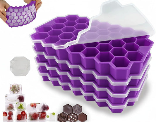 AIG Silicone Ice Cube Trays with Lids – 4 Pack Easy-Release Hexagon Ice Maker for Freezer, Reusable Food-Grade Ice Molds for Cocktail Bar, Whiskey, Iced Coffee & Home Kitchen (Purple)