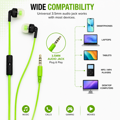 Wired in-Ear Earphones with Mic, Green, 3.5mm Jack, Inline Control, for Music, Calls and Everyday Use