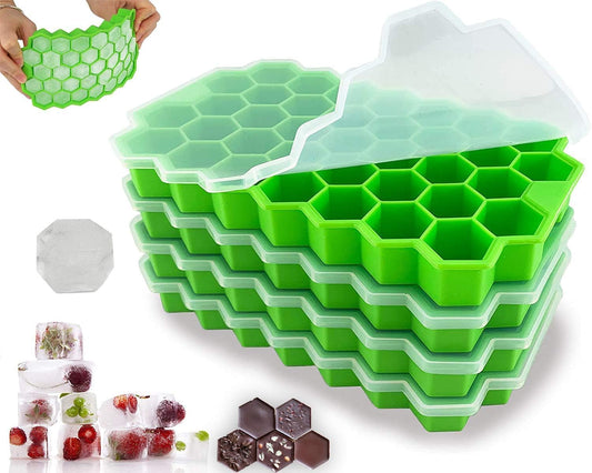 AIG Silicone Ice Cube Trays with Lids – 4 Pack Easy-Release Hexagon Ice Maker for Freezer, Reusable Food-Grade Ice Molds for Cocktail Bar, Whiskey, Iced Coffee & Home Kitchen (Green)