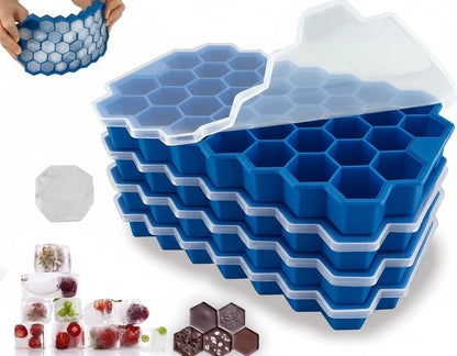 AIG Silicone Ice Cube Trays with Lids – 4 Pack Easy-Release Hexagon Ice Maker for Freezer, Reusable Food-Grade Ice Molds for Cocktail Bar, Whiskey, Iced Coffee & Home Kitchen (Blue)