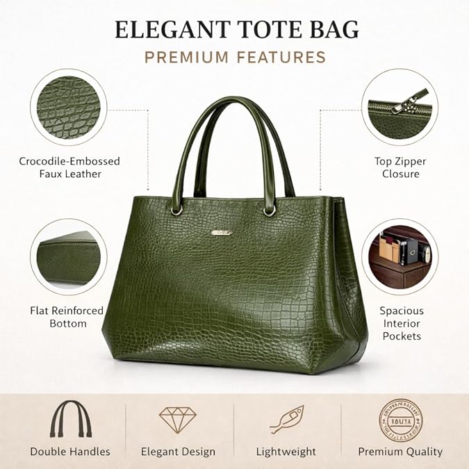 Women's Tote Handbag, Olive Green, Faux Leather, Crocodile Embossed, Spacious with Zipper Compartment, Office and Travel Bag