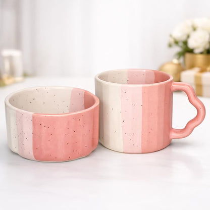 Ceramic Tea Mug & Bowl Gift Set (6 Tea Mugs + 2 Ceramic Bowls) Premium Quality Tea Cup Set for Home Kitchen Office Stylish Tea Coffee Serving Set with Gift Box | Pink