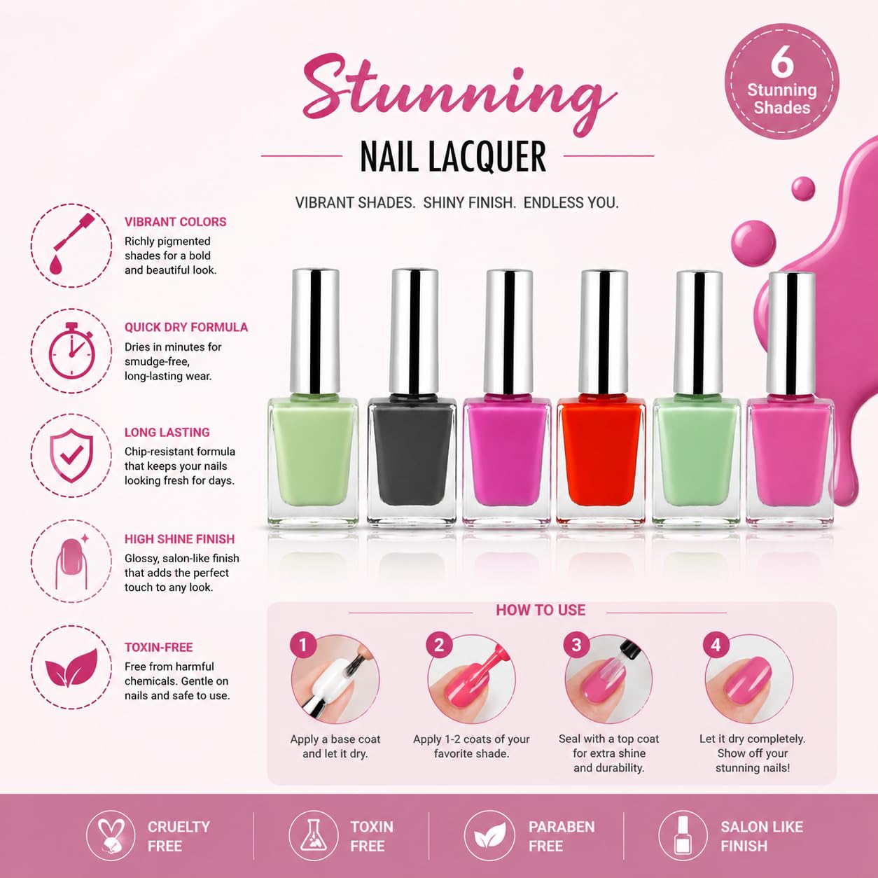 Stunning Nail Lacquer Set of 6 Multicolor Nail Polish Combo Pack 10ml Each Long Lasting Glossy Finish for Women & Girls
