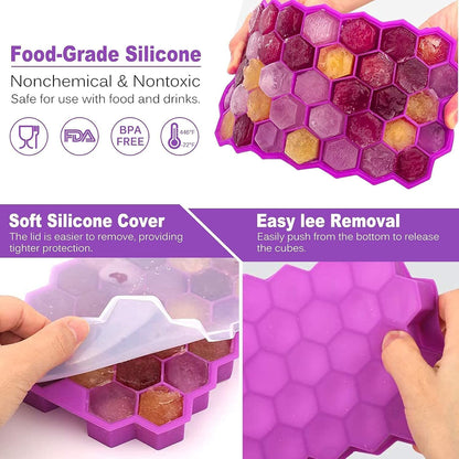 AIG Silicone Ice Cube Trays with Lids – 4 Pack Easy-Release Hexagon Ice Maker for Freezer, Reusable Food-Grade Ice Molds for Cocktail Bar, Whiskey, Iced Coffee & Home Kitchen (BLUE+PURPLE+GREEN+YELLOW)