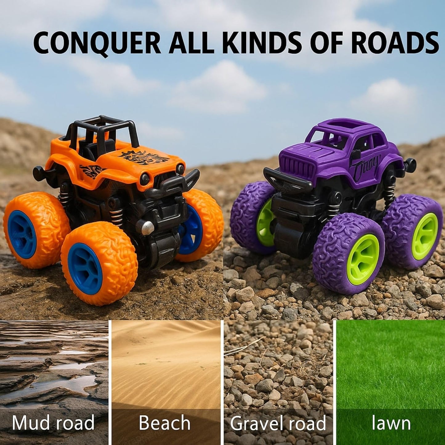 AIG 2Pcs 4WD Monster Truck Toy – Friction Powered Off-Road Stunt Cars for Kids