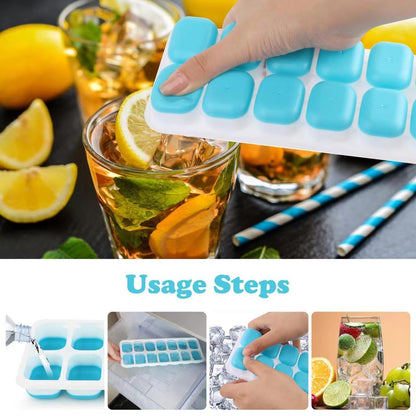 Silicone Ice Cube Tray with Lid, 2 Pack (Green & Blue), 28 Cubes, Easy Release & Stackable