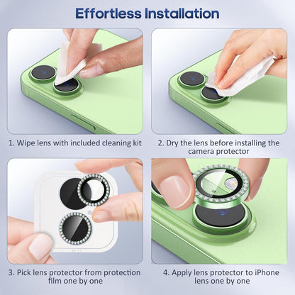 AIG Camera Lens Protector for iPhone 17 with 9H Tempered Glass, Bling Diamond Metal Ring, Scratch-Proof, HD Clear, Case Friendly – Green Diamond