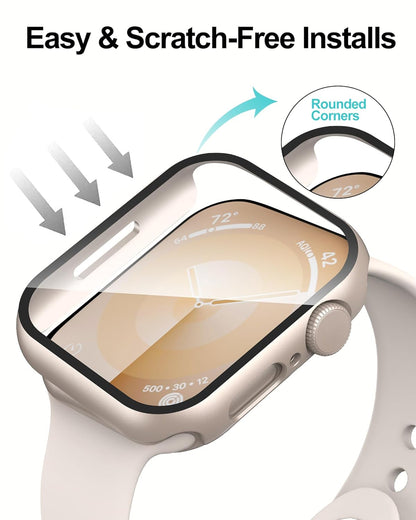 AIG Apple Watch 41mm Hard Case with Tempered Glass Screen Protector, Ultra-Thin Protective Cover for Series 9/8/7 - Starlight (02 PACK)