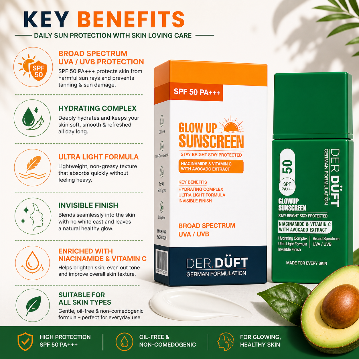 Der Düft Glow Up Sunscreen SPF 50 PA+++, Broad Spectrum UVA/UVB, with Niacinamide, Vitamin C and Avocado Extract, Invisible Finish