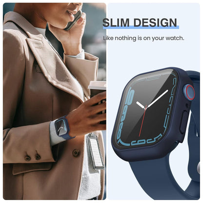 AIG [3PCS] Apple Watch Screen Protector Case 45mm for Series 9/8/7 – Tempered Glass Protective Face Cover with Hard Bumper – Full Coverage iWatch Accessories for Women & Men (Clear+Black+Blue)