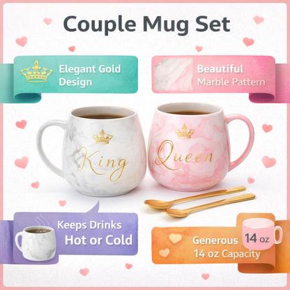 King & Queen Couple Coffee Mug Set with Golden Spoons | Marble Design Ceramic Tea Cups | Premium Printed Mug Set for Gift, Anniversary, Valentine, Wedding | 2 Mugs + 2 Spoons (Pink & White)