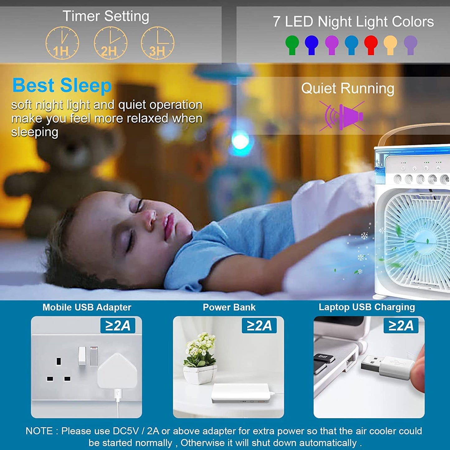 Portable Humidifier Air Cooler Fan Mini Cooler For Home With 3 Speed Mode, Mist Fan With Water Spray, 7 Color Led And Timer,(Usb Powered Mini Ac, Black)