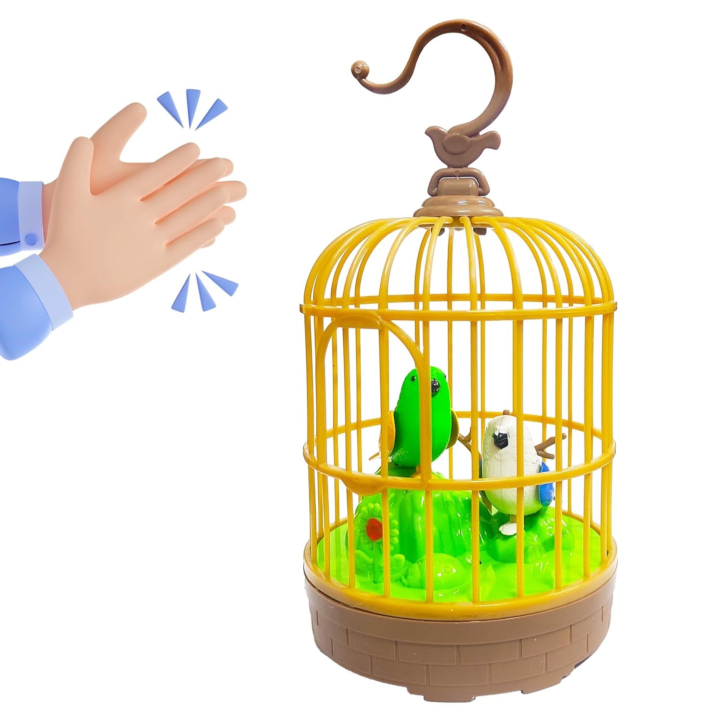 AIG Sound-Activated Chirping Bird Toy in Hanging Cage – LED, Flapping Wings & Moving Beak for Kids (Design 2)