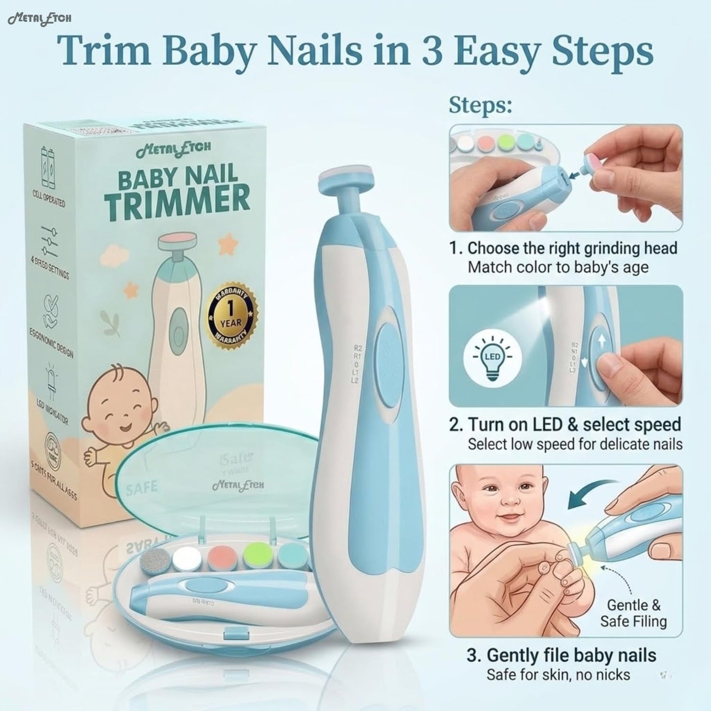 Baby Electric Nail Trimmer for New Born 0-12 Months | Baby Nail Cutter with LED Light & 6 Filer Heads | Safe Infant Nail File & Toddler Nail Clipper | Manicure Set for Infants | Newborn Essentials | 1 Year Warranty (Baby Blue)