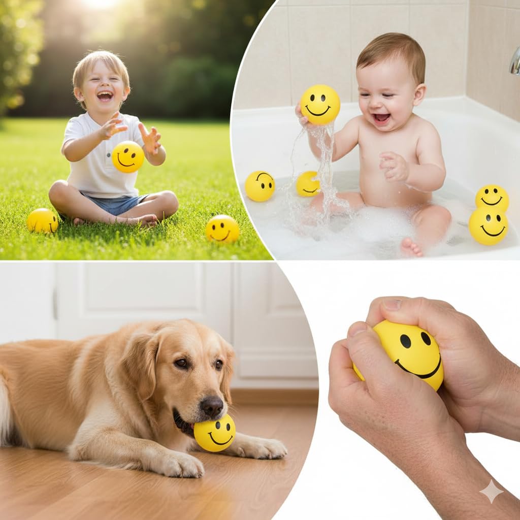 AIG 6 Pcs Smiley Squeeze Balls for Kids & Adults – 2 Inch Yellow Stress Relief & Sensory Fidget Toys