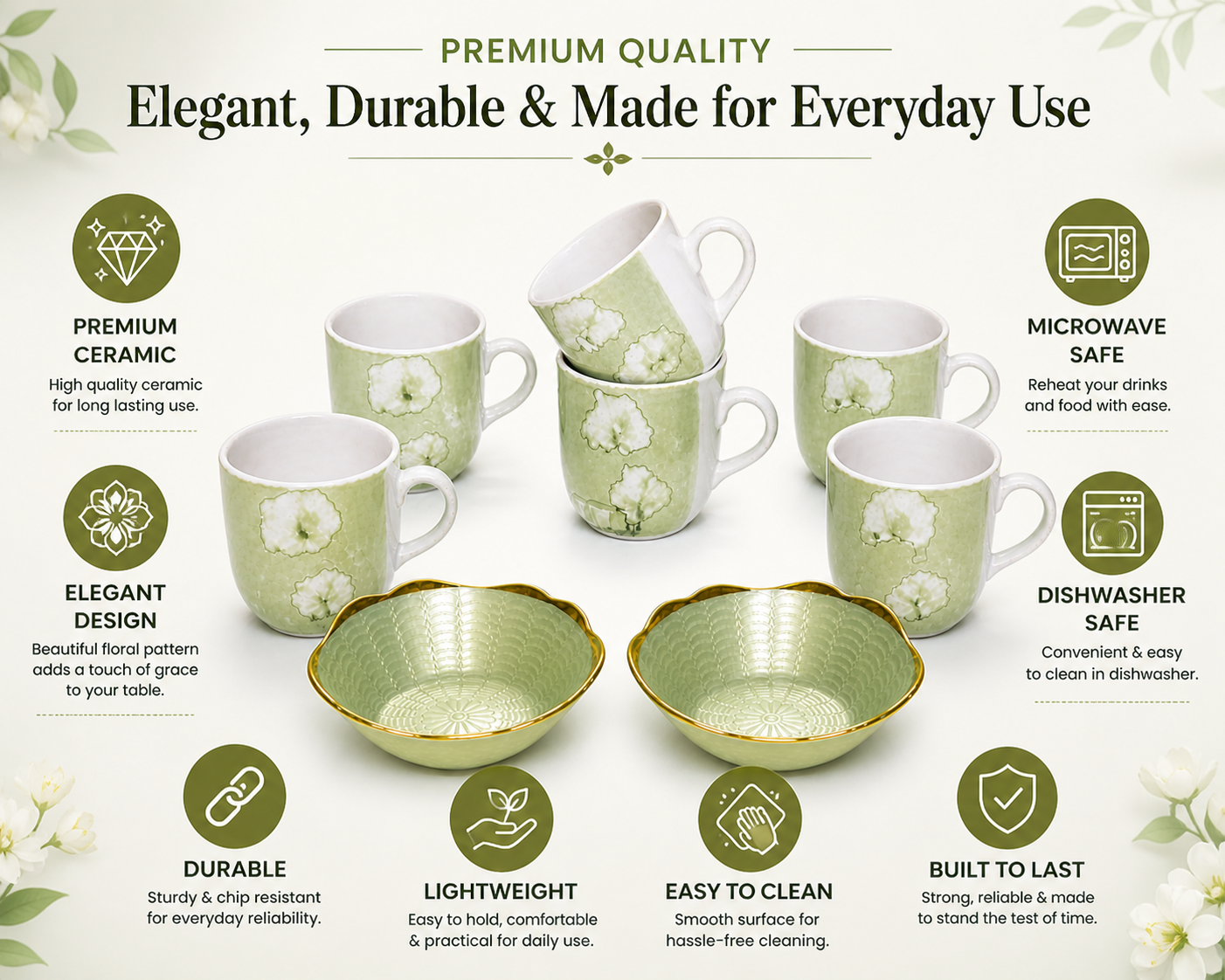 Ceramic Tea Cup & Snack Bowl Set – 6 Coffee Mugs with 2 Serving Bowls | Premium Floral Design Tea & Coffee Mug Set for Home, Office & Gifting
