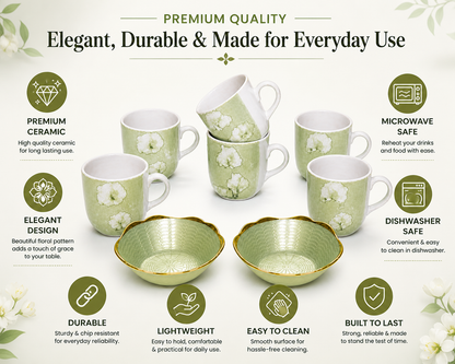 Ceramic Tea Cup & Snack Bowl Set – 6 Coffee Mugs with 2 Serving Bowls | Premium Floral Design Tea & Coffee Mug Set for Home, Office & Gifting