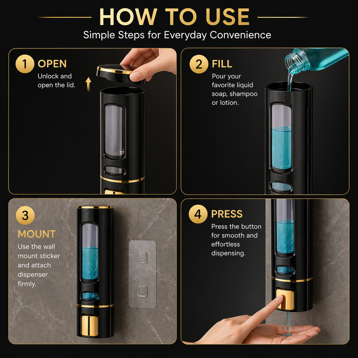 Wall-Mounted Liquid Soap Dispenser, Black and Gold Finish, Push Button, for Bathroom and Kitchen