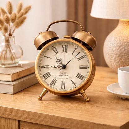Vintage Twin Bell Alarm Clock, Bronze Finish, Roman Numeral Display, New York Theme, Classic Analog Timepiece