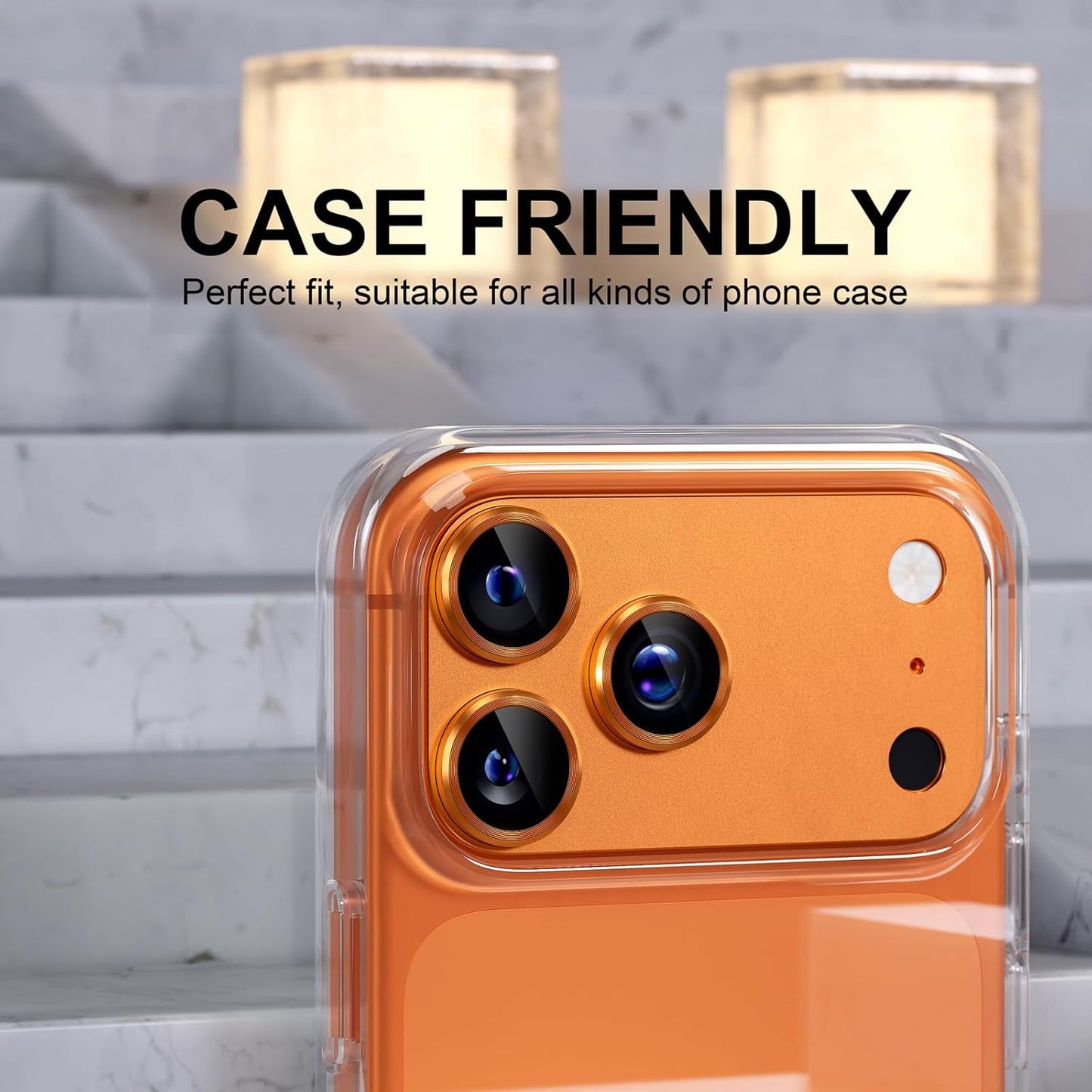 AIG Camera Lens Protector for iPhone 17 Pro Max – 9H Tempered Glass, Metal Ring, Orange Joint
