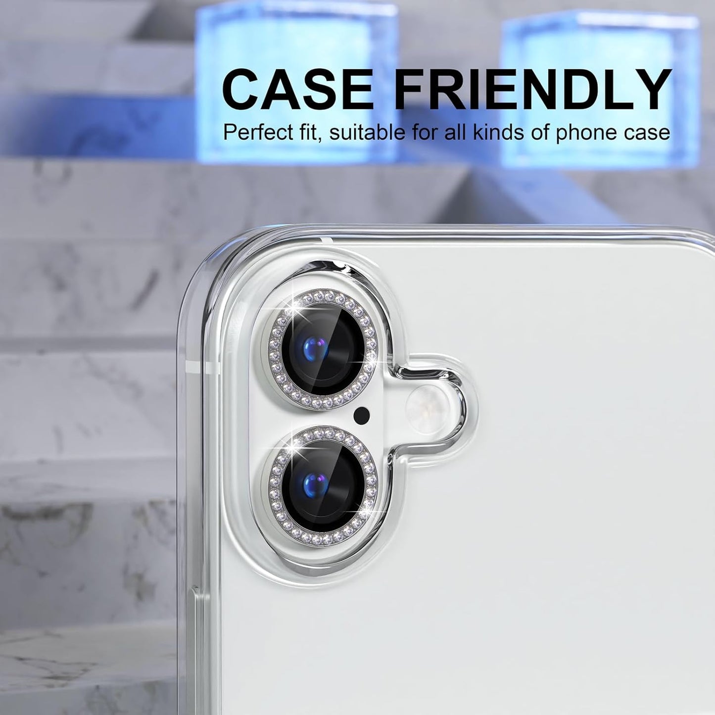AIG Camera Lens Protector for iPhone 16/16 Plus – 9H Glass with Metal Ring – Silver Diamond