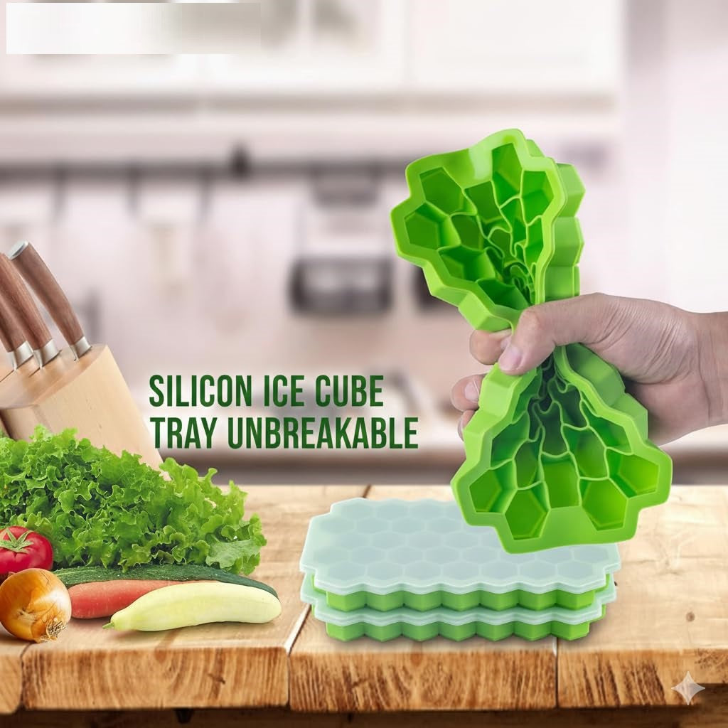 AIG Silicone Ice Cube Trays with Lids – (3 Pack) Easy-Release Hexagon Ice Maker for Freezer, Reusable Food-Grade Ice Molds for Cocktail Bar, Whiskey, Iced Coffee & Home Kitchen (BLUE+GREEN+YELLOW)