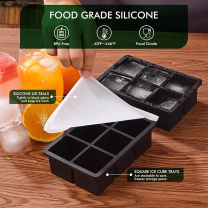 AIG Ice Cube 02 Pack Tray with Lid – 6 Large Square Silicone Molds for Whiskey, Cocktails, Juice & Coffee