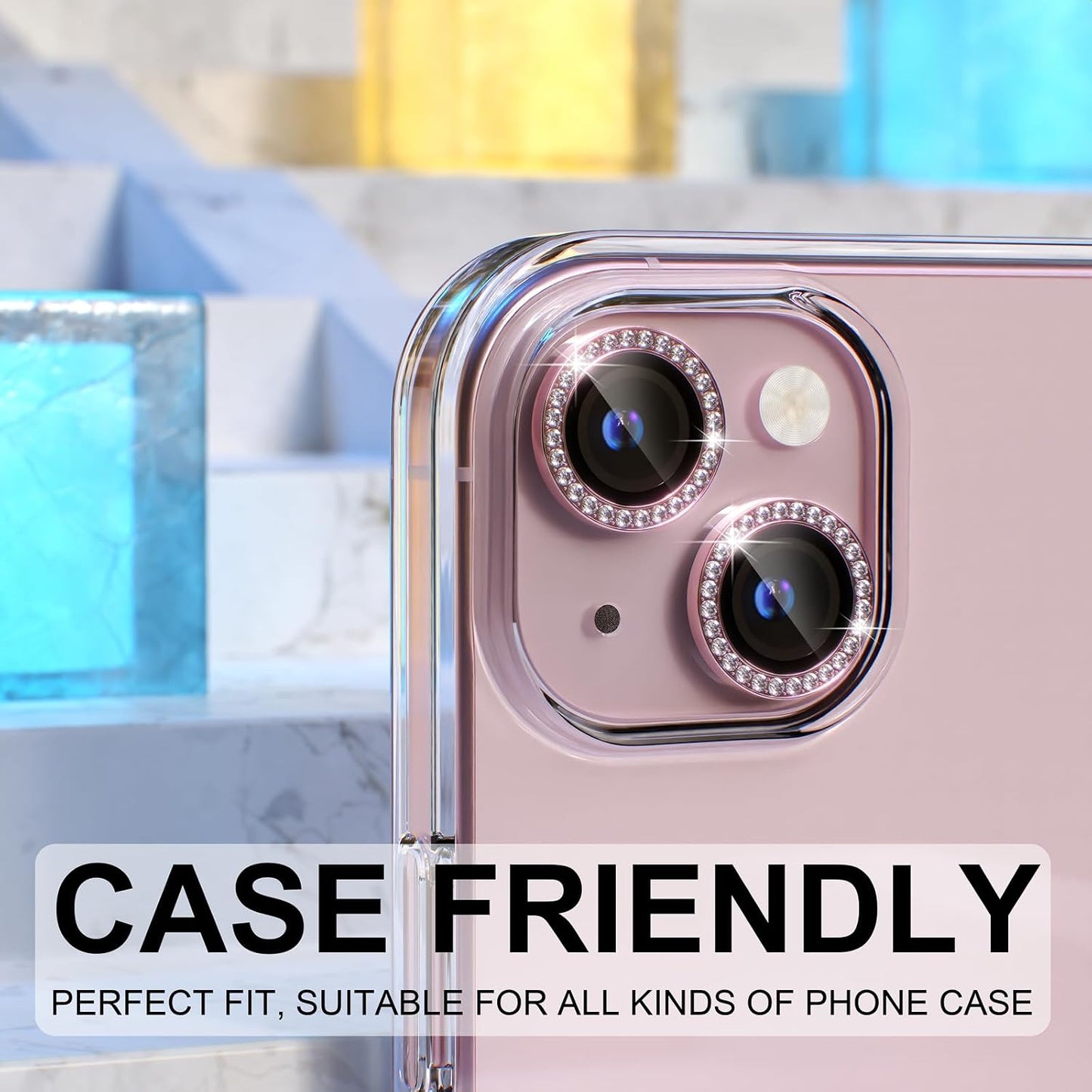 AIG iPhone 14 /14 Plus/15 /15 Plus Camera Lens Protector – Bling 9H Tempered Glass with Metal Ring Decoration (Pink Diamond)