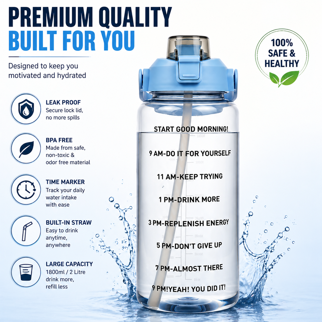 2L Motivational Water Bottle with Straw & Time Marker – BPA-Free Leakproof Sports Water Bottle for Gym, Office, School, Travel & Fitness (Blue)