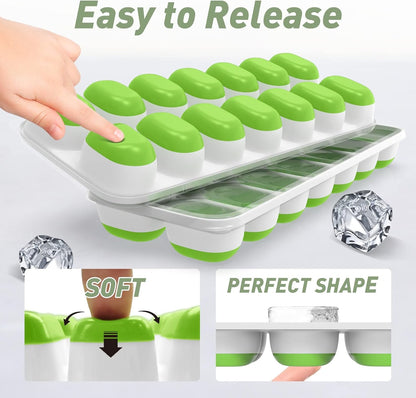 Silicone Ice Cube Tray with Lid – 42 Ice Cubes (3 Pack: 2 Green & 1 Blue, 14 Cavities Each) Easy Release Ice Maker for Freezer, Stackable & Reusable Ice Moulds for Whiskey, Cocktails & Beverages