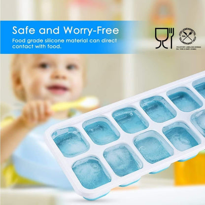 Silicone Ice Cube Tray with Lid – 14 Cavity Easy Release Ice Maker for Freezer, Stackable & Reusable Ice Moulds for Whiskey, Cocktails & Beverages (2 Pack, Green & Blue)