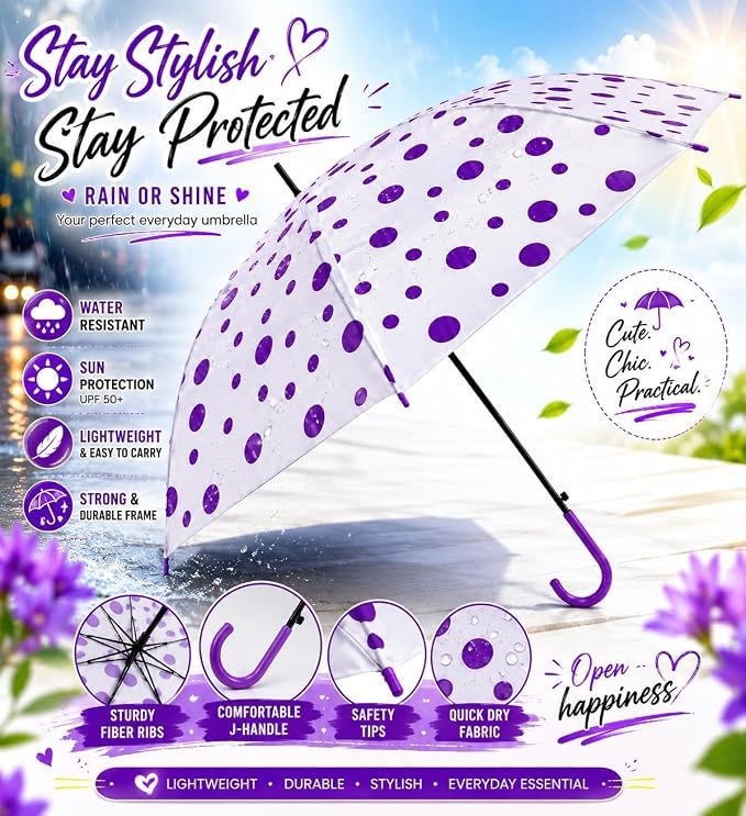 Premium Transparent Polka Dot Umbrella – Waterproof Windproof Long Stick Umbrella with Curved Handle for Men & Women | Large Canopy Rain Umbrella (White & Purple)