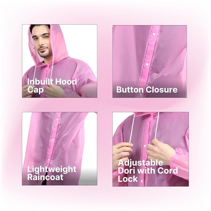 Women's Waterproof EVA Raincoat with Hood – Lightweight Reusable Long Rain Coat for Travel, Cycling, Hiking & Daily Use (Pink)