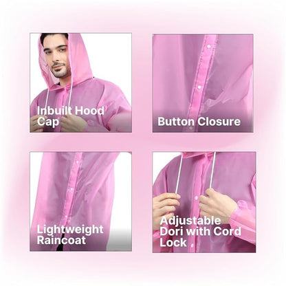 Women's Waterproof EVA Raincoat with Hood – Lightweight Reusable Long Rain Coat for Travel, Cycling, Hiking & Daily Use (Pink)