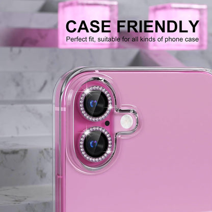 AIG Camera Lens Protector for iPhone 16/16 Plus – 9H Glass with Metal Ring – Pink Diamond
