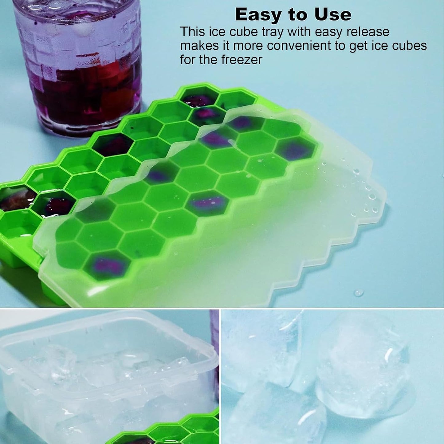 AIG Silicone Ice Cube Tray with Lid (2 Pack, Green) – Easy Release Reusable Ice Molds for Freezer & Drinks