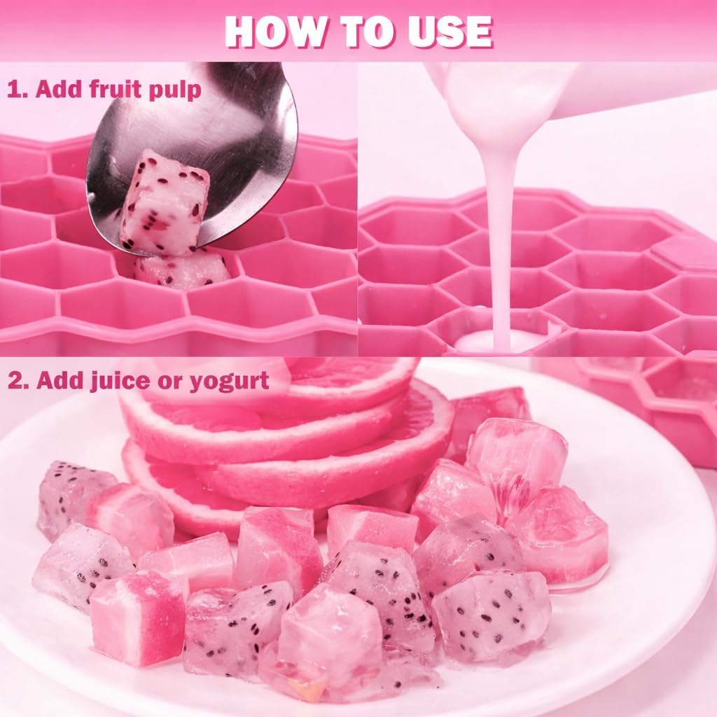 AIG Silicone Ice Cube Trays with Lids – 4 Pack Easy-Release Hexagon Ice Maker for Freezer, Reusable Food-Grade Ice Molds for Cocktail Bar, Whiskey, Iced Coffee & Home Kitchen (Pink)